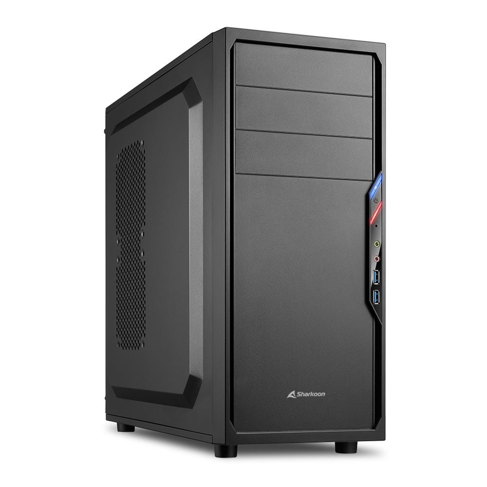 PC assemblato Sharkoon con case nero, design compatto e porte frontali USB. PC assemblato Sharkoon con case nero, design compatto e porte frontali USB.